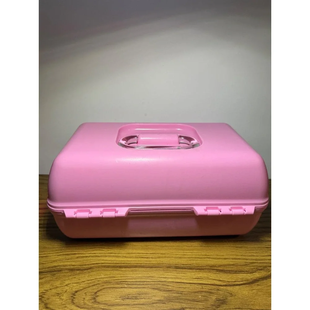 Vintage Caboodles 2 Tier Pink‎ Jewelry Makeup Case Mirror Handle 5626